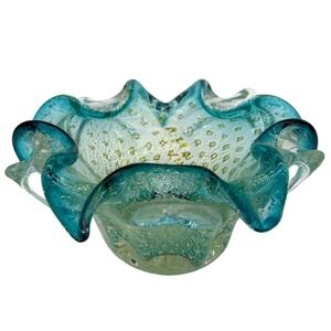 Murano Bollinato Blue Metallic Gold Fleck Ruffled Art Glass Bowl Ashtray Vintage